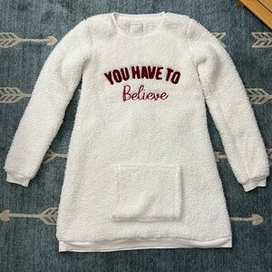 Peaches & Dreams White Fleece Dress sweater with Red Embroidery